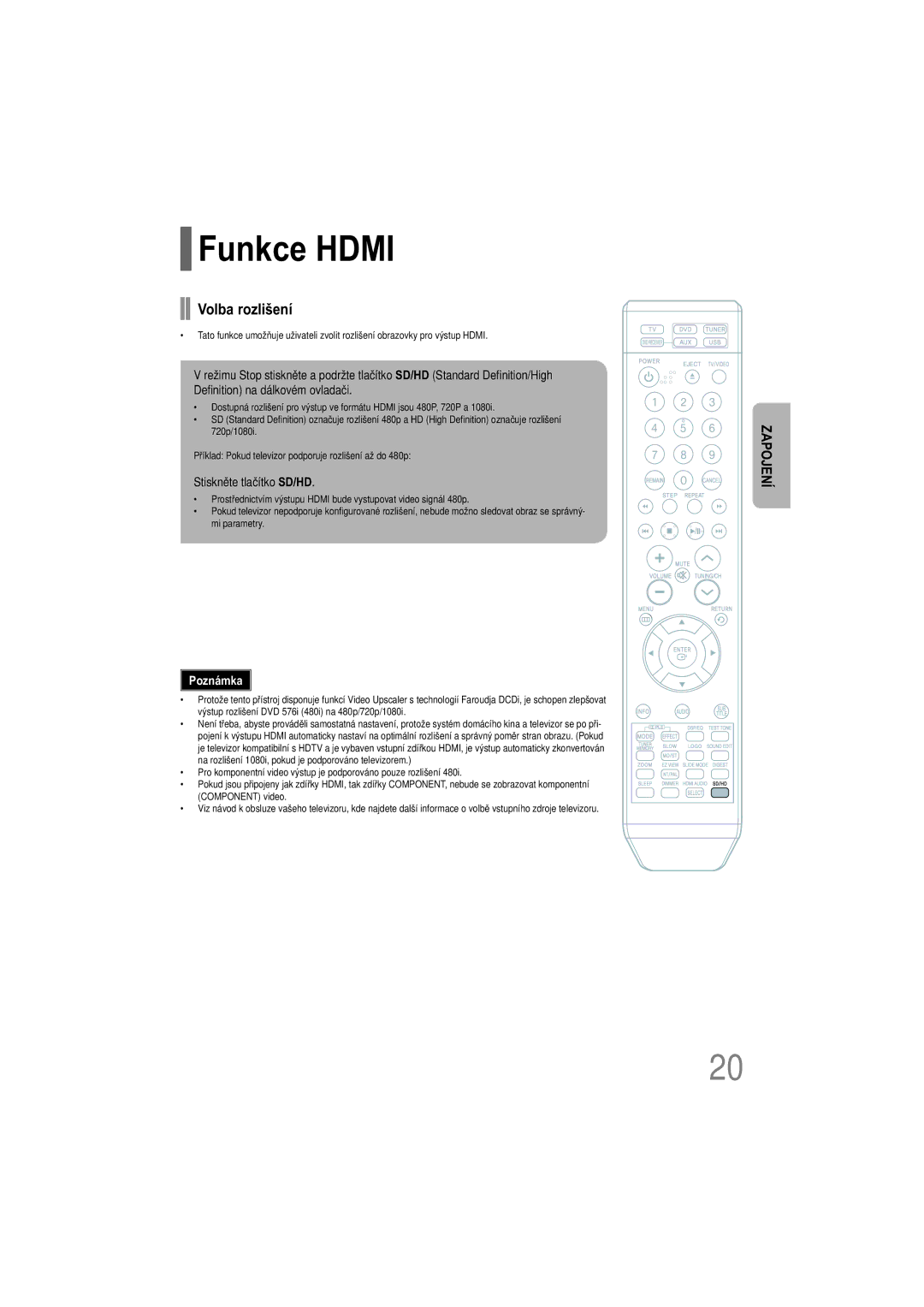 Samsung HT-TXQ100R/ELS, HT-XQ100WR/ELS, HT-XQ100T/XEH manual Volba rozlišení, Stiskněte tlačítko SD/HD 