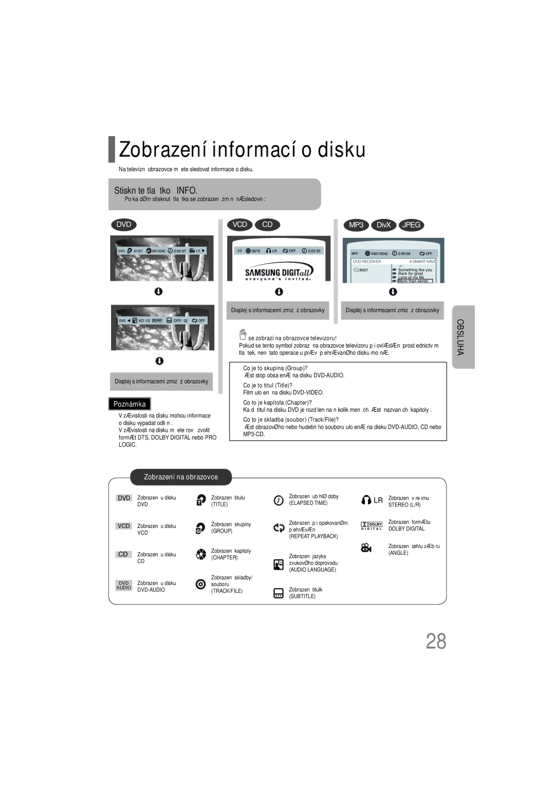 Samsung HT-XQ100T/XEH, HT-TXQ100R/ELS, HT-XQ100WR/ELS manual Zobrazení informací o disku, Stiskněte tlačítko Info 