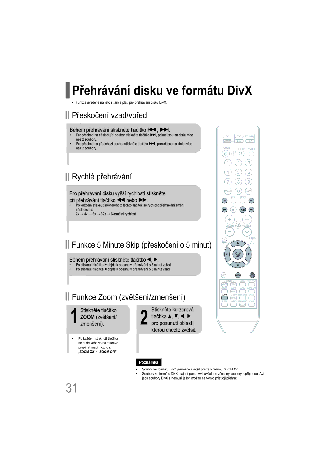 Samsung HT-XQ100T/XEH, HT-TXQ100R/ELS manual Přehrávání disku ve formátu DivX, Přeskočení vzad/vpřed, Rychlé přehrávání 