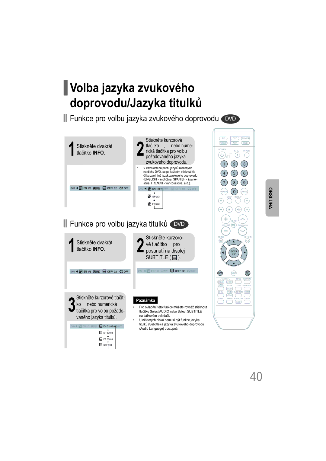 Samsung HT-XQ100T/XEH Volba jazyka zvukového doprovodu/Jazyka titulků, Funkce pro volbu jazyka zvukového doprovodu DVD 