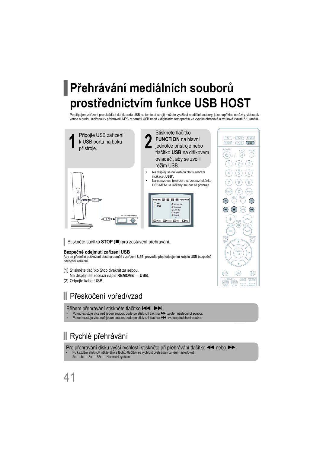 Samsung HT-TXQ100R/ELS, HT-XQ100T/XEH Přeskočení vpřed/vzad, Režim USB, Stiskněte tlačítko Stop  pro zastavení přehrávání 