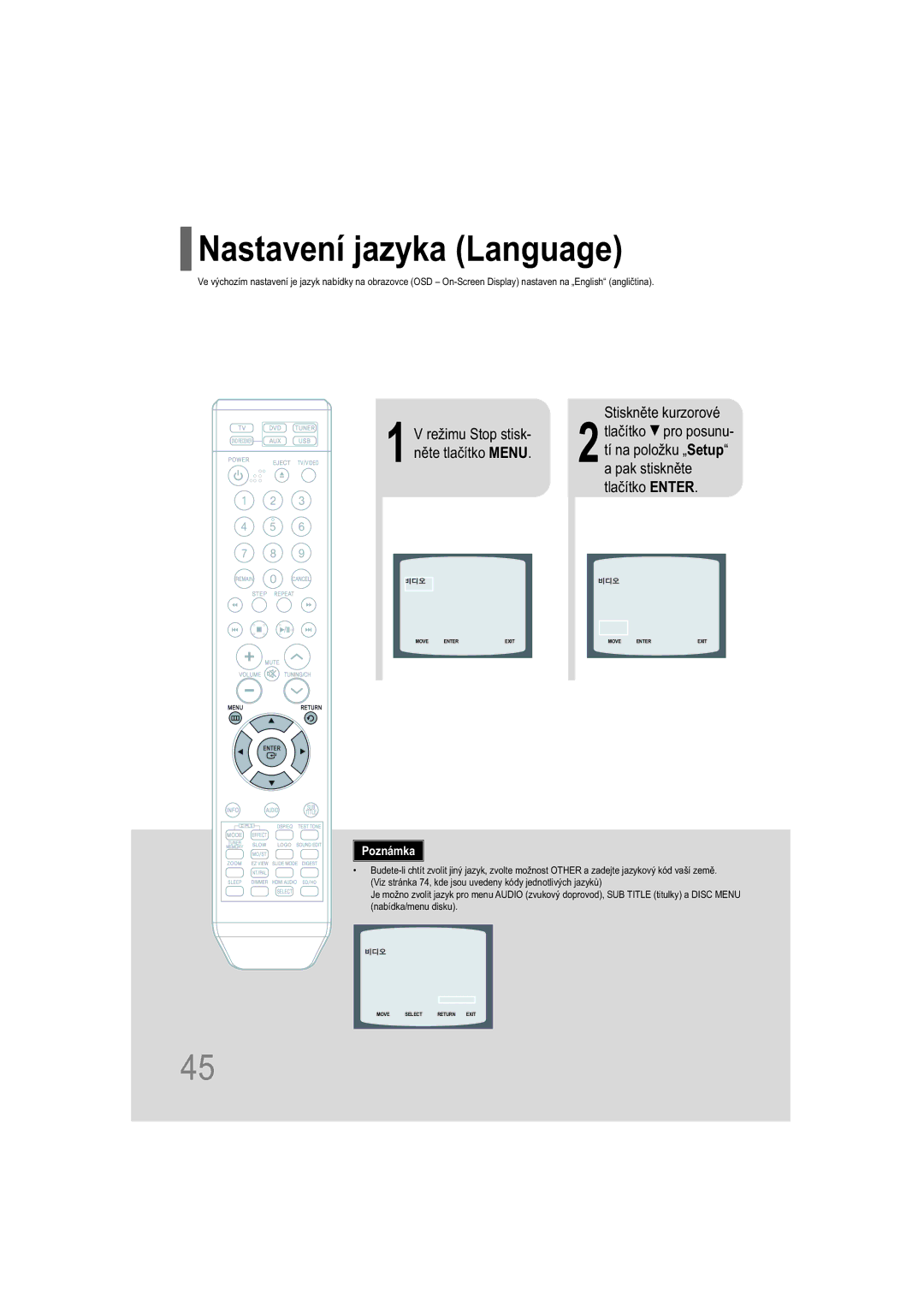 Samsung HT-XQ100WR/ELS, HT-TXQ100R/ELS, HT-XQ100T/XEH manual Nastavení jazyka Language, Režimu Stop stisk- něte tlačítko Menu 