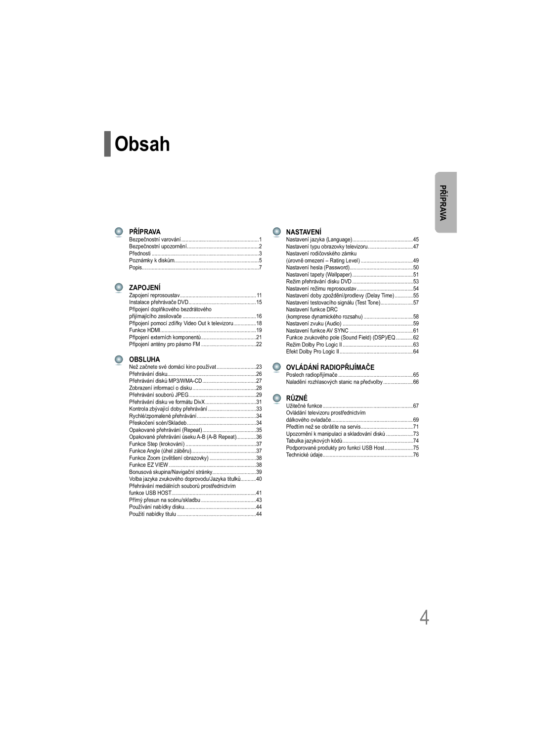 Samsung HT-XQ100T/XEH manual Obsah, Připojení doplňkového bezdrátového, Nastavení rodičovského zámku, Nastavení funkce DRC 