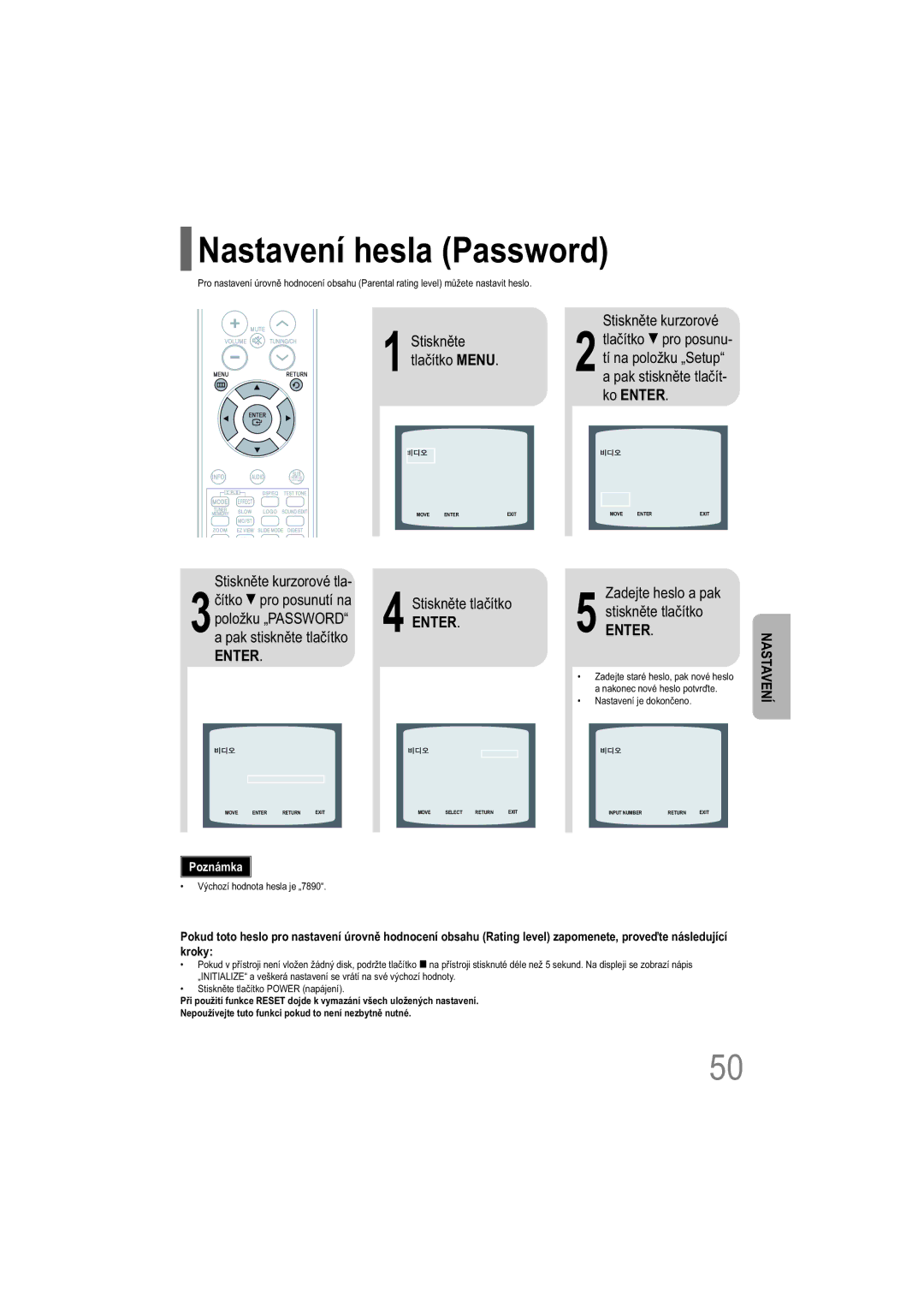 Samsung HT-TXQ100R/ELS Nastavení hesla Password, Stiskněte kurzorové tla, Zadejte heslo a pak, Stiskněte tlačítko Menu 