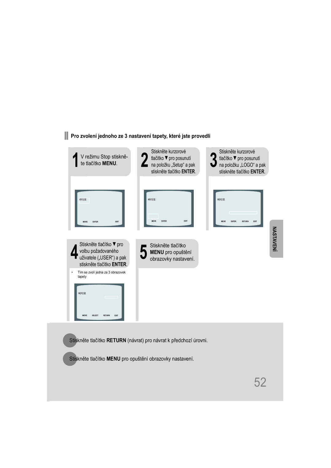 Samsung HT-XQ100T/XEH, HT-TXQ100R/ELS manual Režimu Stop stiskně Stiskněte kurzorové, Tlačítko  pro posunutí, Tlačítko Menu 