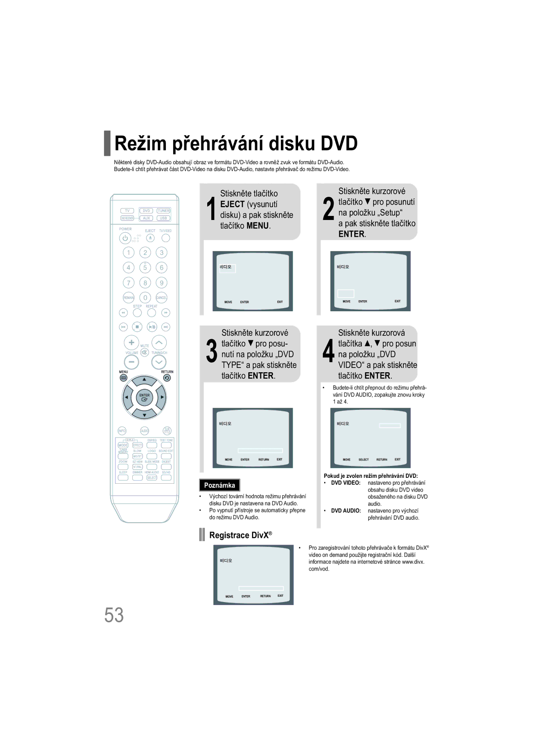 Samsung HT-TXQ100R/ELS Režim přehrávání disku DVD, Registrace DivX, 1EJECT vysunutí disku a pak stiskněte tlačítko Menu 