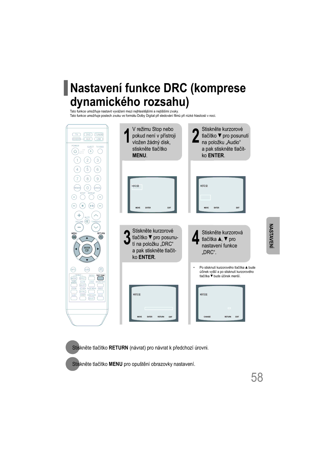 Samsung HT-XQ100T/XEH, HT-TXQ100R/ELS, HT-XQ100WR/ELS Nastavení funkce DRC komprese dynamického rozsahu, Režimu Stop nebo 