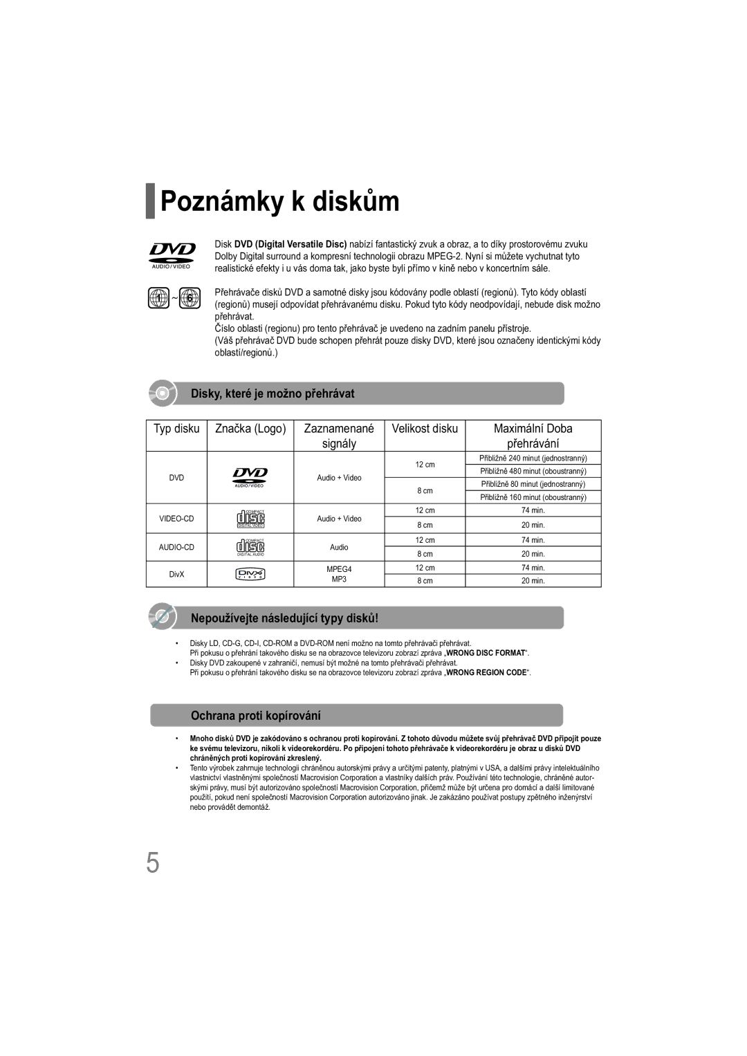 Samsung HT-TXQ100R/ELS manual Poznámky k diskům, Disky, které je možno přehrávat, Nepoužívejte následující typy disků 