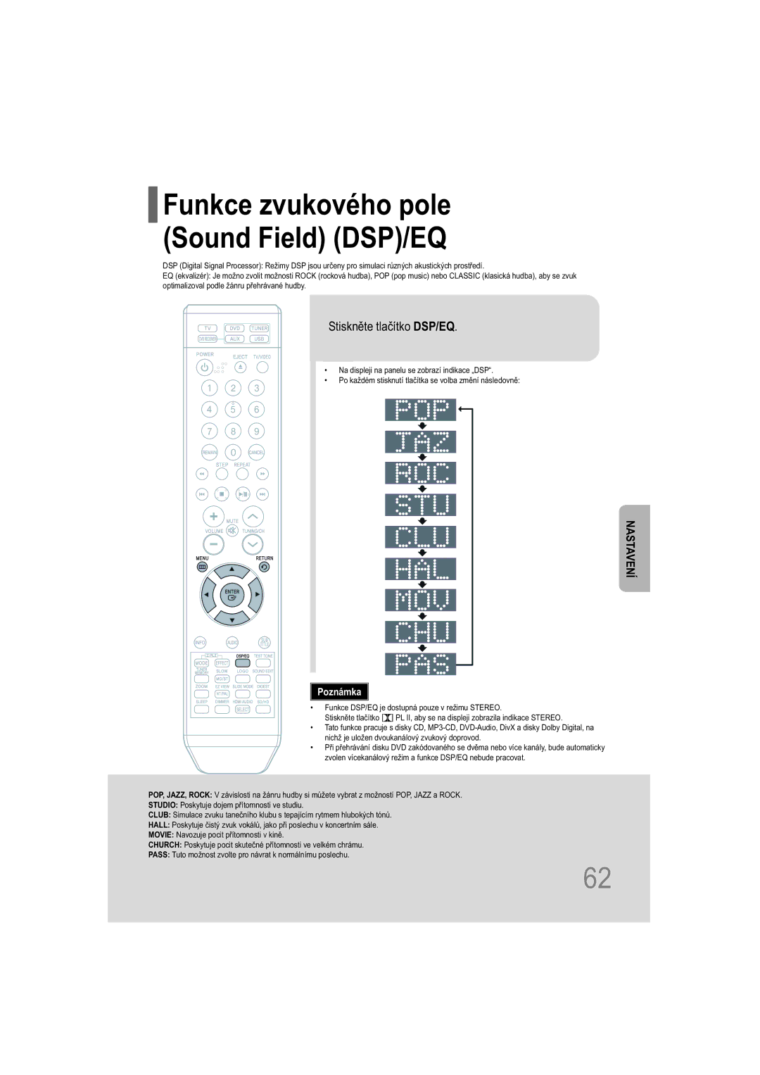 Samsung HT-TXQ100R/ELS, HT-XQ100WR/ELS, HT-XQ100T/XEH Funkce zvukového pole Sound Field DSP/EQ, Stiskněte tlačítko DSP/EQ 