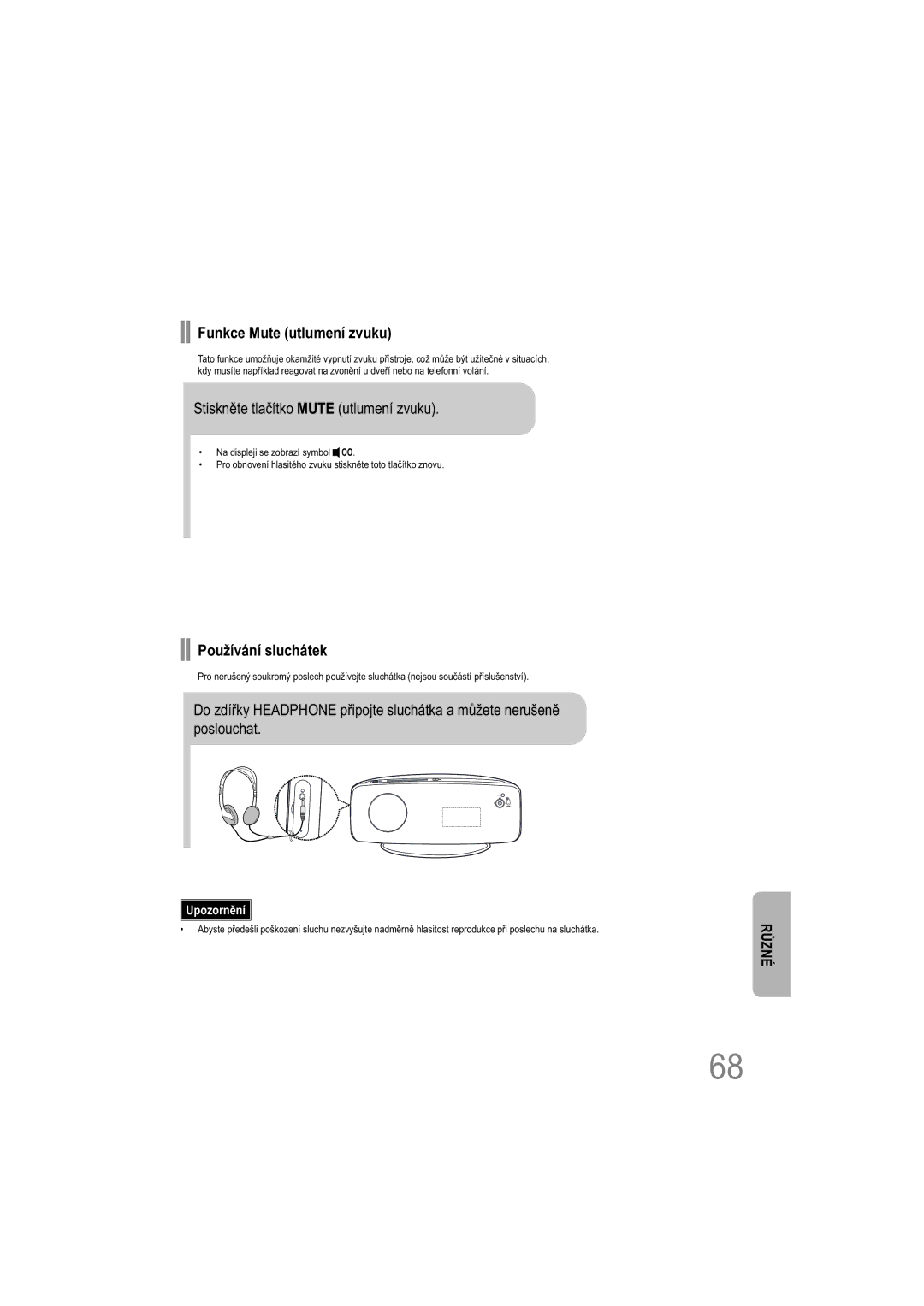 Samsung HT-TXQ100R/ELS manual Funkce Mute utlumení zvuku, Stiskněte tlačítko Mute utlumení zvuku, Používání sluchátek 