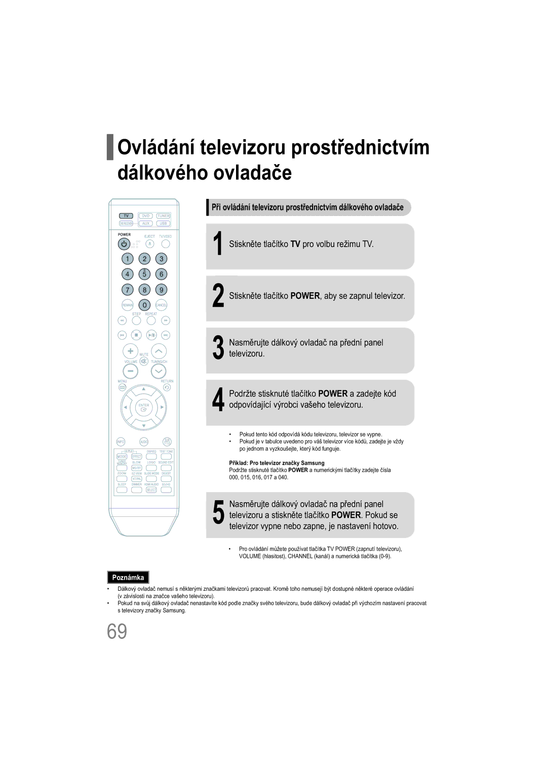 Samsung HT-XQ100WR/ELS manual Ovládání televizoru prostřednictvím dálkového ovladače, Příklad Pro televizor značky Samsung 