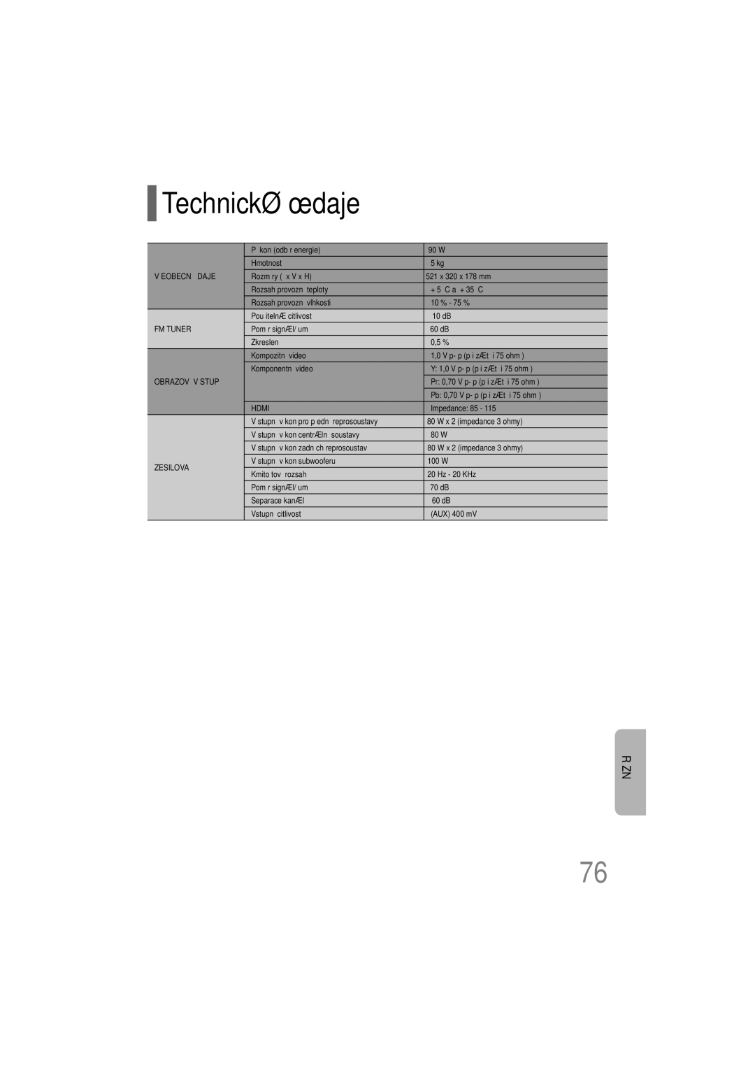 Samsung HT-XQ100T/XEH Technické údaje, Příkon odběr energie Hmotnost, Pr 0,70 Všp-šp při zátěži 75 ohmů, Impedance 85 