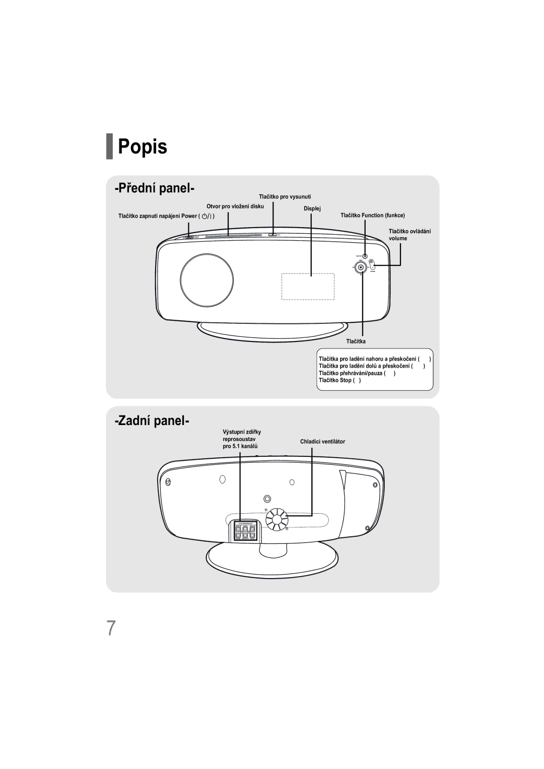 Samsung HT-XQ100T/XEH, HT-TXQ100R/ELS, HT-XQ100WR/ELS manual Popis, Přední panel 