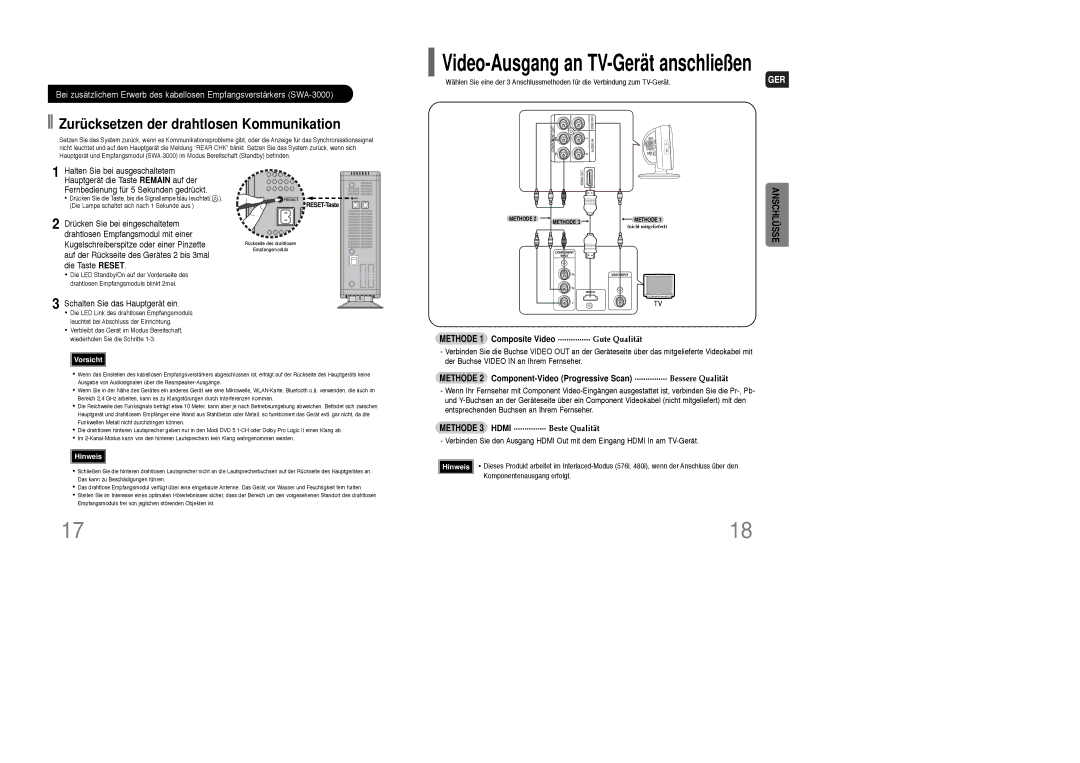 Samsung HT-XQ100R/ELS, HT-TXQ100T/ADL manual Zurücksetzen der drahtlosen Kommunikation, Schalten Sie das Hauptgerät ein 