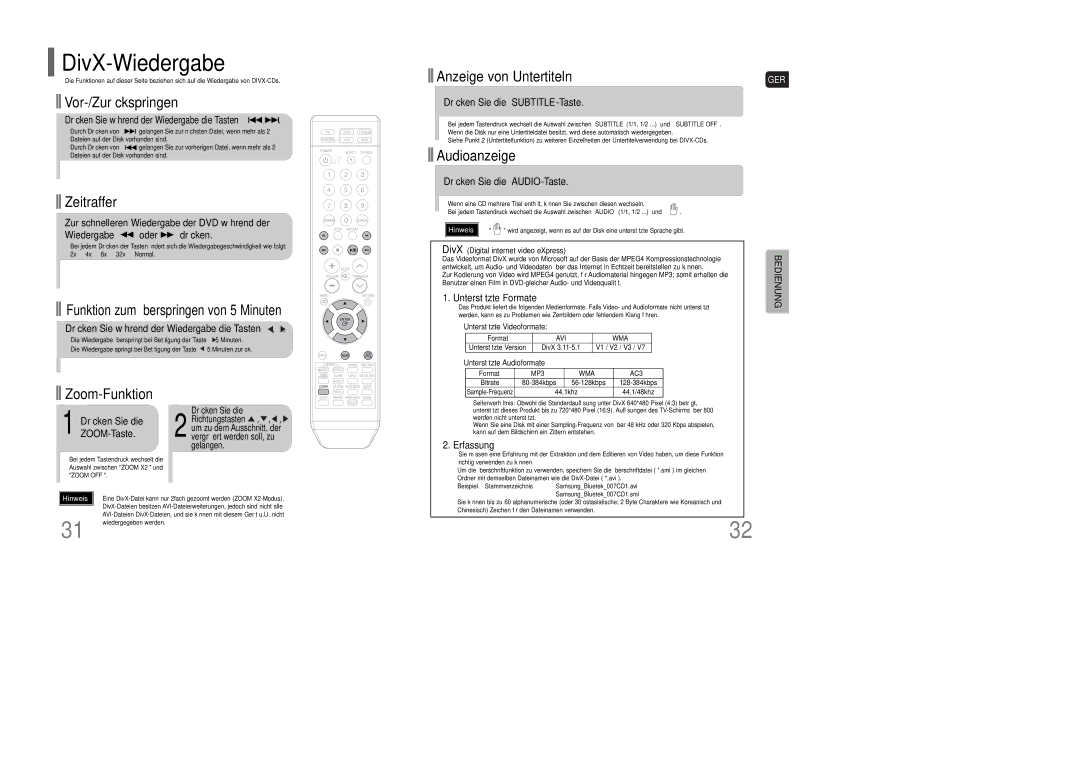 Samsung HT-XQ100T/XEF, HT-TXQ100T/ADL, HT-XQ100R/ELS manual DivX-Wiedergabe 