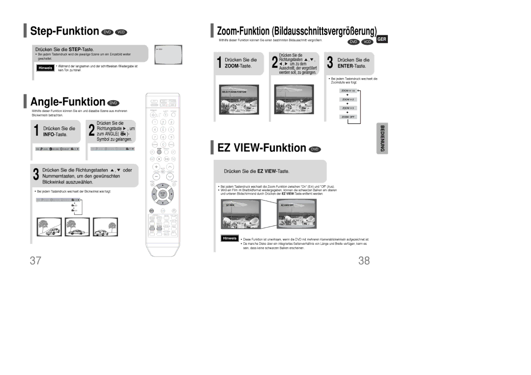 Samsung HT-XQ100T/XEF, HT-TXQ100T/ADL, HT-XQ100R/ELS manual Step-Funktion DVD VCD, Angle-Funktion DVD, EZ VIEW-Funktion DVD 