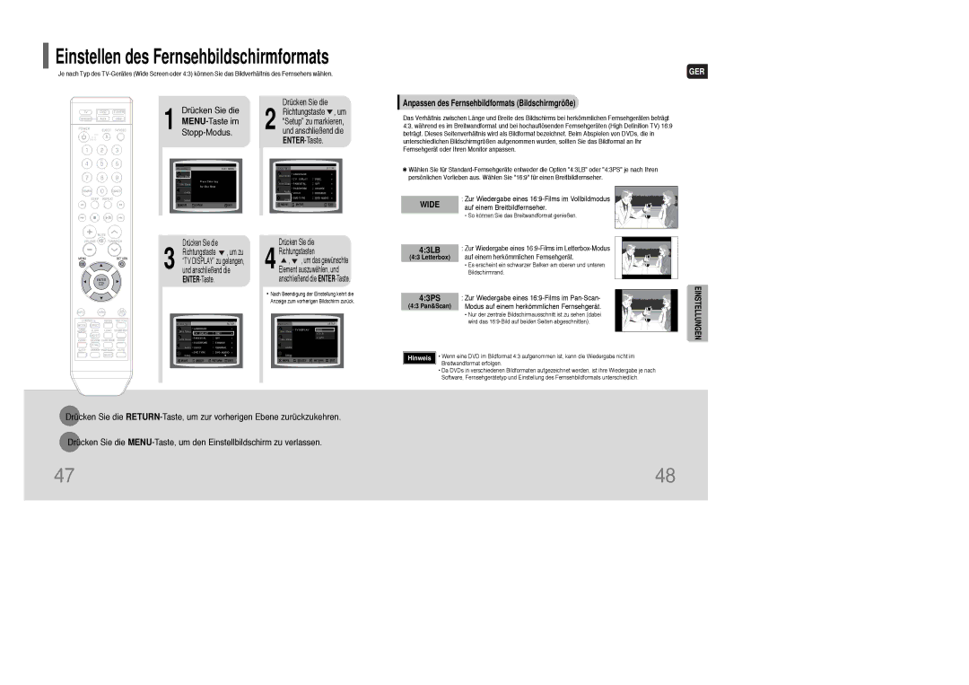 Samsung HT-XQ100R/ELS, HT-TXQ100T/ADL 43LB, 43PS, Anpassen des Fernsehbildformats Bildschirmgröße, Letterbox, 43 Pan&Scan 