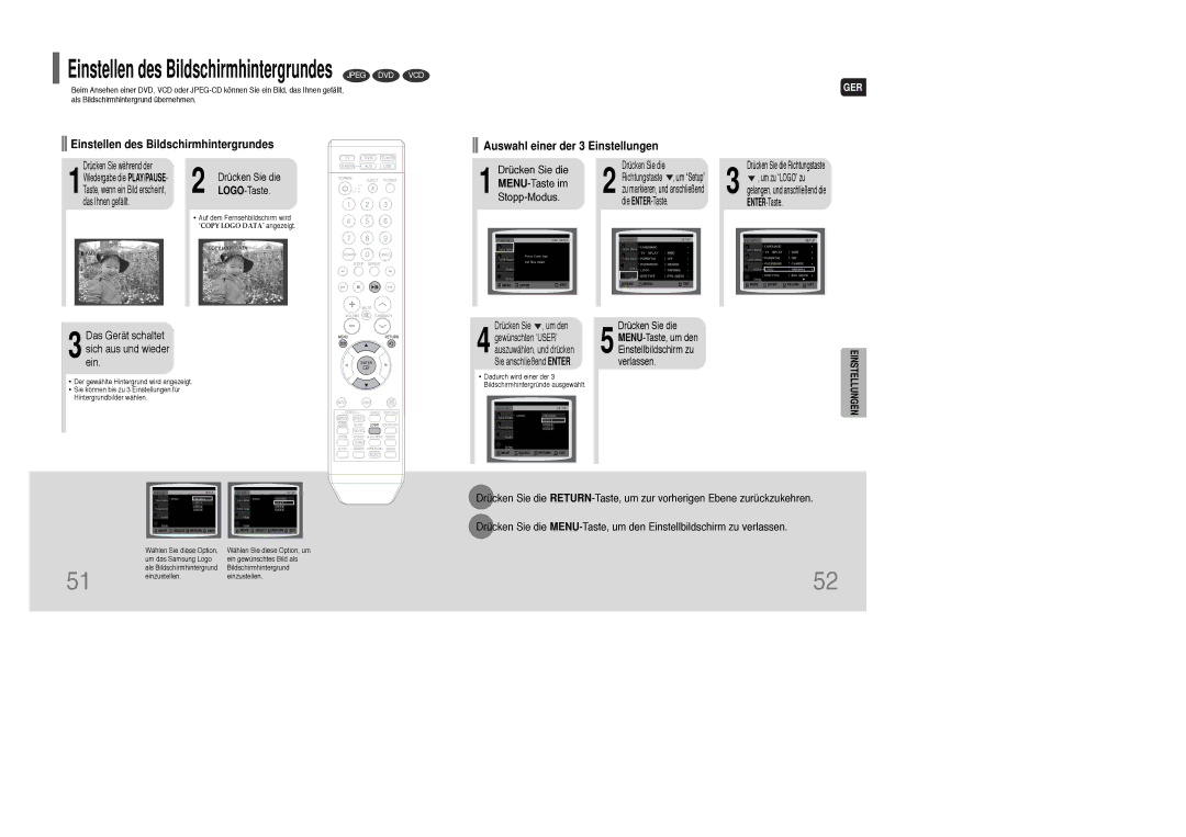 Samsung HT-TXQ100T/ADL manual Einstellen des Bildschirmhintergrundes Jpeg DVD VCD, MENU-Taste im, Stopp-Modus, LOGO-Taste 