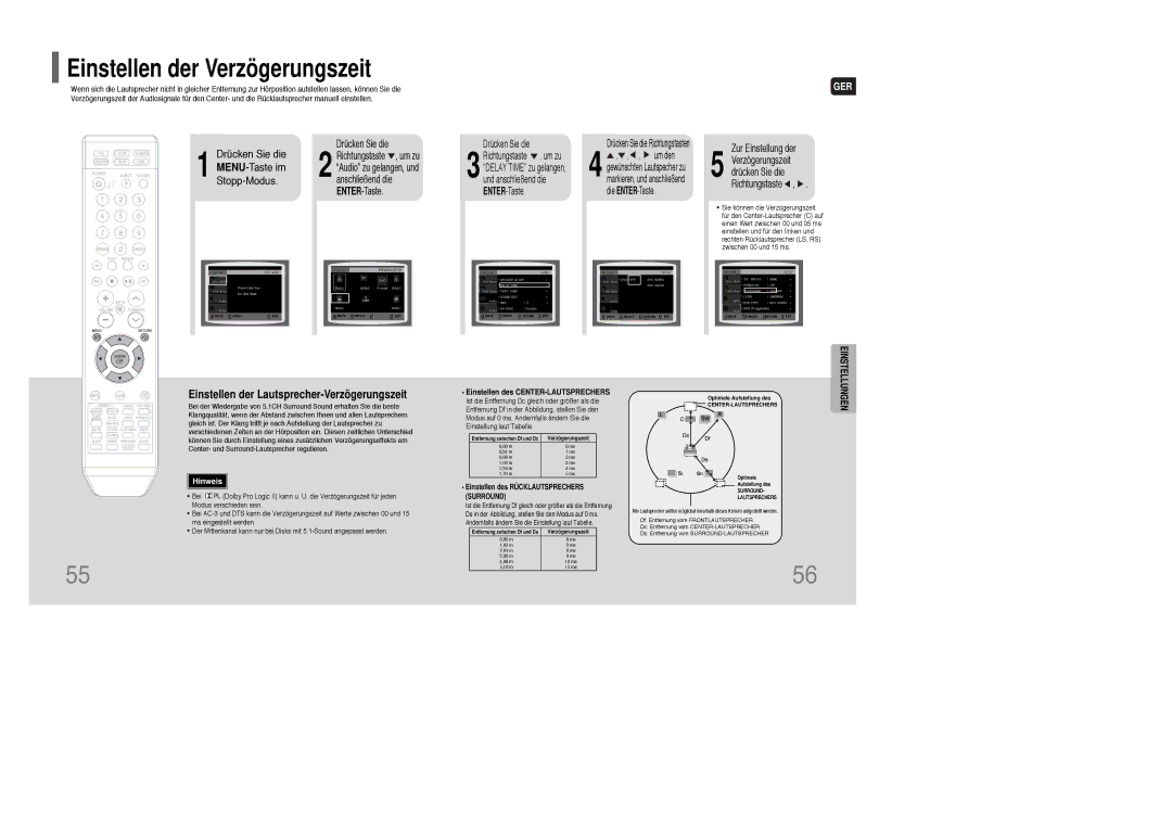 Samsung HT-XQ100T/XEF, HT-TXQ100T/ADL, HT-XQ100R/ELS Einstellen der Verzögerungszeit, Einstellen des CENTER-LAUTSPRECHERS 