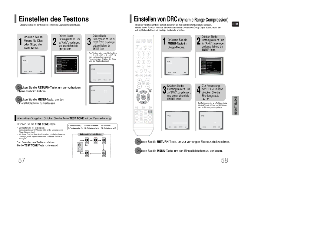 Samsung HT-TXQ100T/ADL, HT-XQ100R/ELS manual Einstellen des Testtons, Drücken Sie im Modus No Disc oder Stopp die Taste Menu 