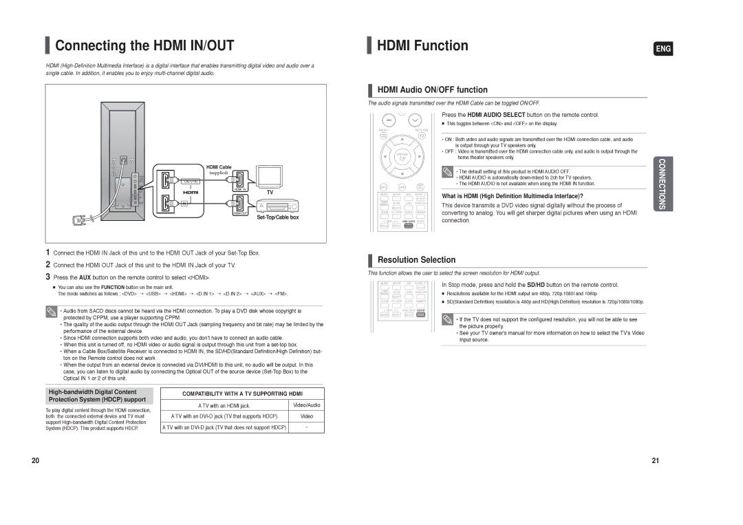 Samsung HT-TXQ120 Connecting the Hdmi IN/OUT, Hdmi Function, Hdmi Audio ON/OFF function, Resolution Selection 