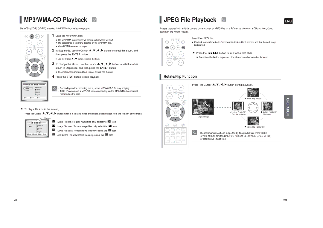 Samsung HT-TXQ120 instruction manual MP3/WMA-CD Playback, Jpeg File Playback, Rotate/Flip Function 