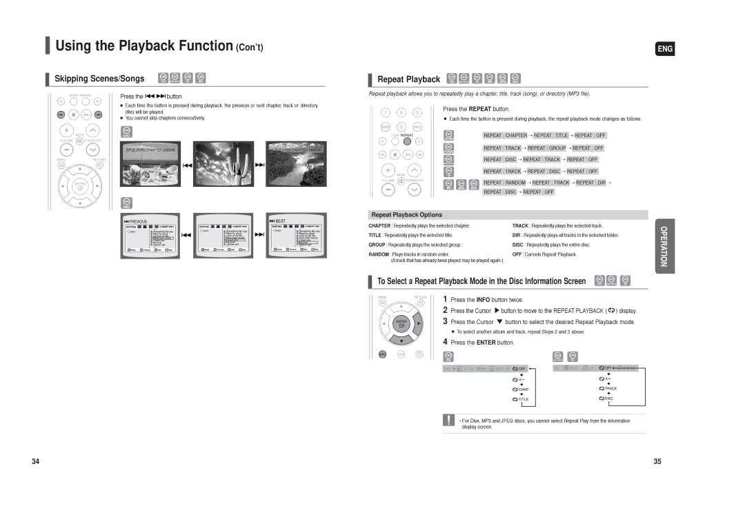 Samsung HT-TXQ120 instruction manual Using the Playback Function Con’t, Skipping Scenes/Songs, Repeat Playback Options 