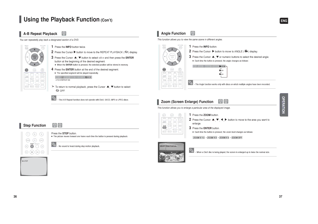 Samsung HT-TXQ120 instruction manual Step Function, Angle Function, Zoom Screen Enlarge Function 