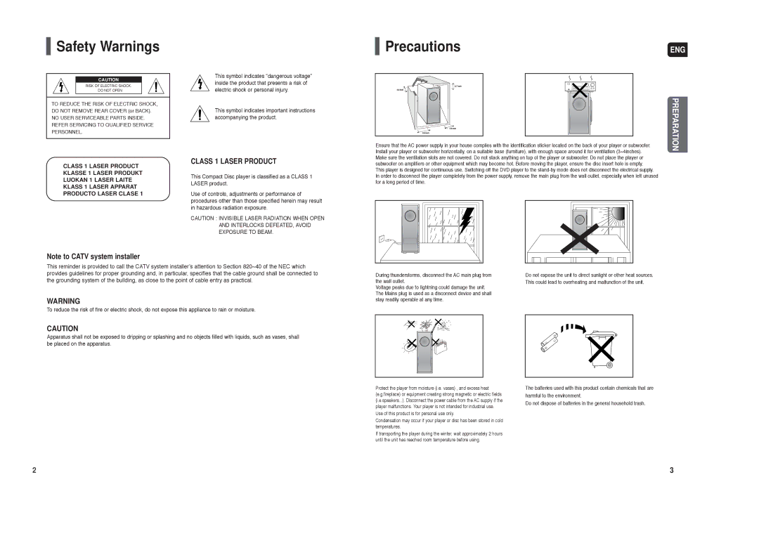 Samsung HT-TXQ120 instruction manual Safety Warnings, Precautions 