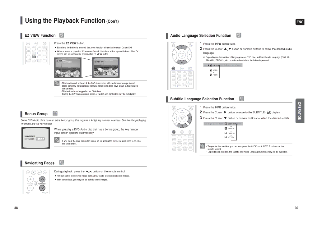 Samsung HT-TXQ120 instruction manual EZ View Function, Bonus Group, Navigating Pages, Audio Language Selection Function 