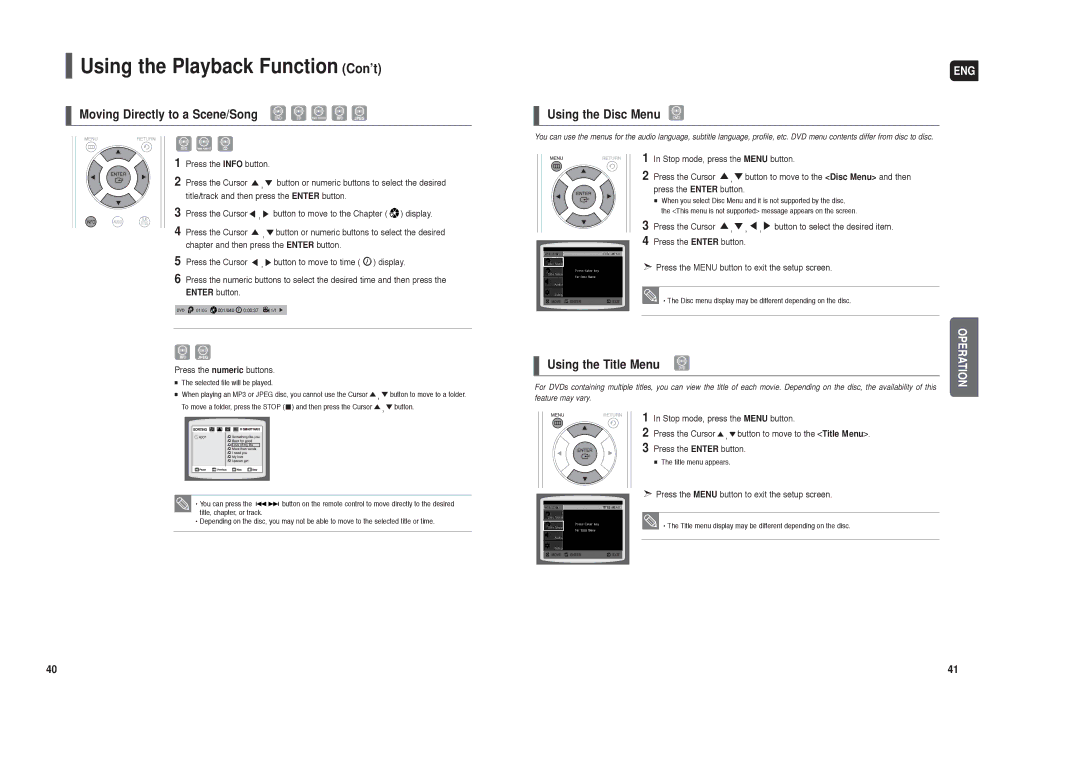 Samsung HT-TXQ120 instruction manual Moving Directly to a Scene/Song, Using the Disc Menu, Using the Title Menu 