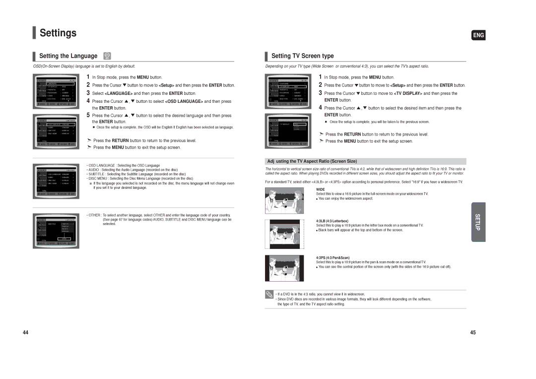 Samsung HT-TXQ120 Settings, Setting the Language, Setting TV Screen type, Adjusting the TV Aspect Ratio Screen Size 