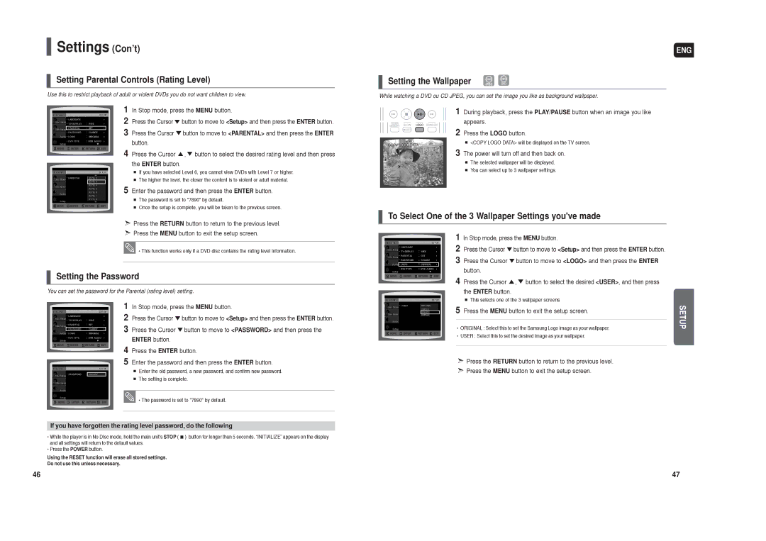 Samsung HT-TXQ120 Settings Con’t, Setting Parental Controls Rating Level, Setting the Wallpaper, Setting the Password 