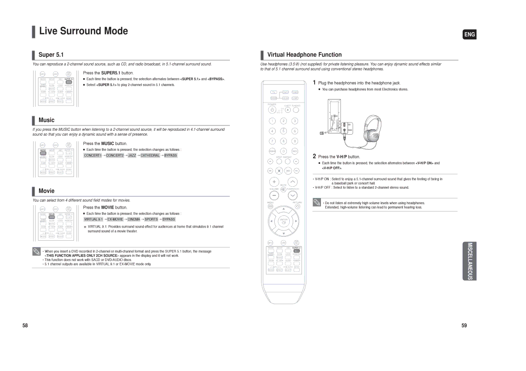 Samsung HT-TXQ120 instruction manual Live Surround Mode, Super, Music, Movie, Virtual Headphone Function 