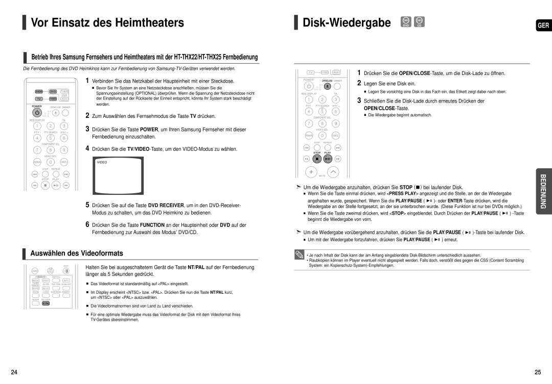 Samsung HT-THX22R/XEF manual Disk-Wiedergabe, Schließen Sie die Disk-Lade durch erneutes Drücken der, OPEN/CLOSE-Taste 