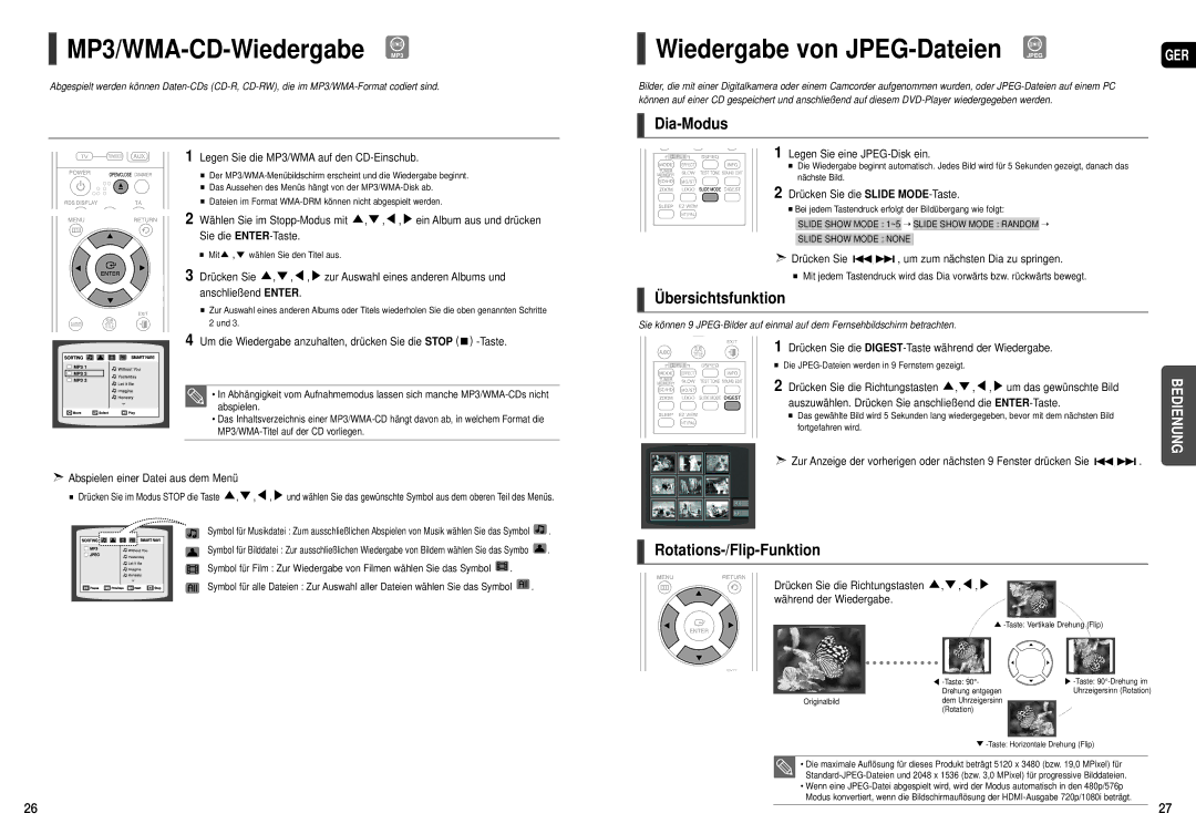 Samsung HT-THX22R/XEE, HT-TXQ120R/XEE MP3/WMA-CD-Wiedergabe MP3, Dia-Modus, Übersichtsfunktion, Rotations-/Flip-Funktion 