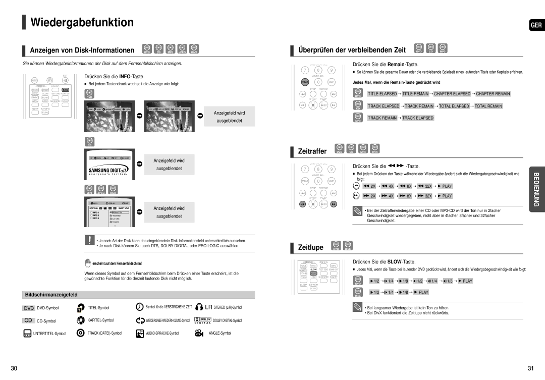 Samsung HT-TXQ120R/XEF manual Wiedergabefunktion, Anzeigen von Disk-Informationen DVD CD MP3 Jpeg DivX, Zeitlupe DVD DivX 