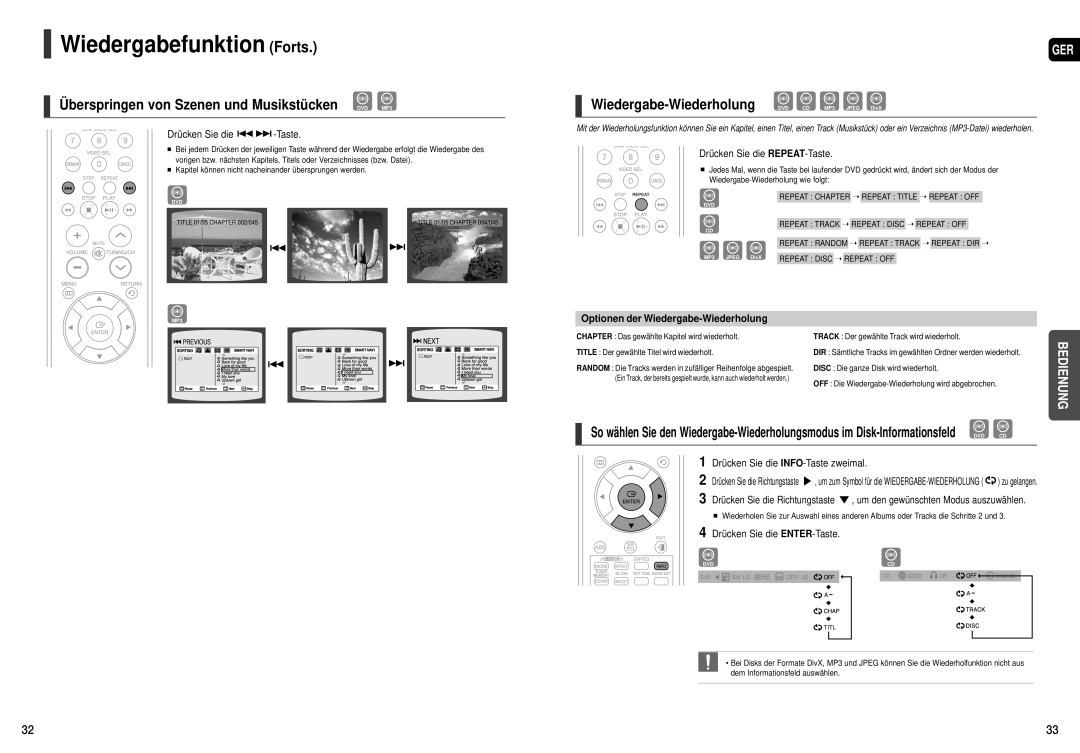 Samsung HT-THX25R/XEF, HT-TXQ120R/XEE manual Wiedergabefunktion Forts, Überspringen von Szenen und Musikstücken DVD MP3 