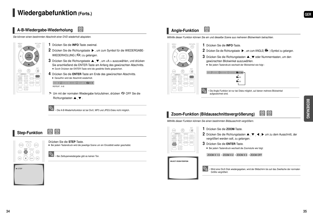 Samsung HT-TXQ120R/XEE, HT-THX22R/XEF manual Wiedergabe-Wiederholung DVD, Step-Funktion DVD DivX, Angle-Funktion DVD 