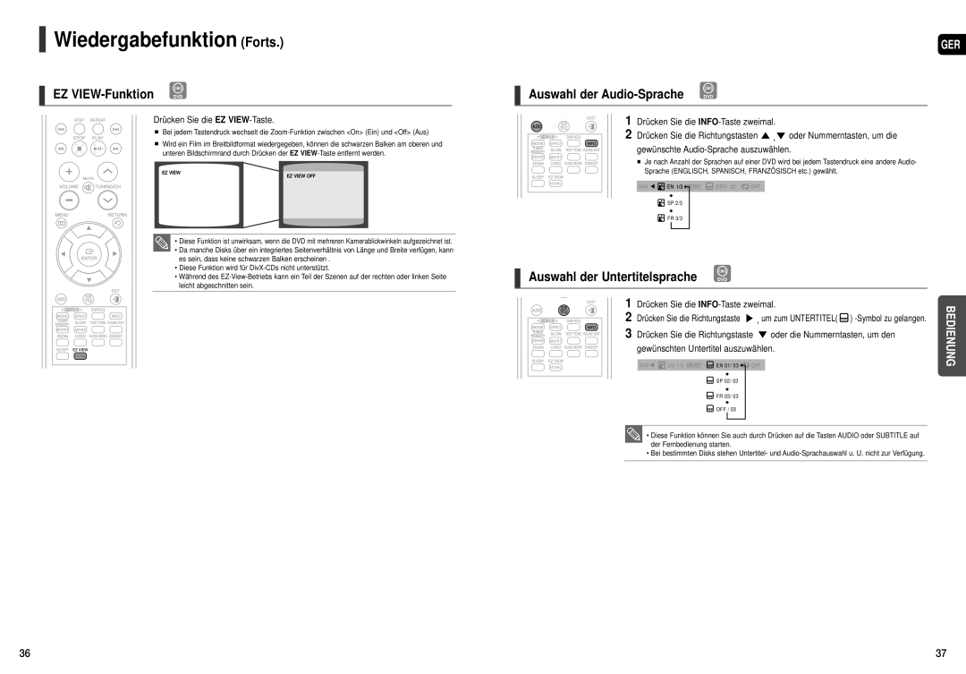 Samsung HT-THX22R/XEF, HT-TXQ120R/XEE EZ VIEW-Funktion DVD, Auswahl der Audio-Sprache DVD, Drücken Sie die EZ VIEW-Taste 