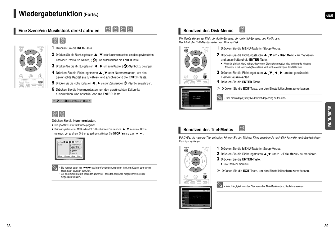 Samsung HT-THX22R/XEE, HT-TXQ120R/XEE, HT-THX22R/XEF manual Benutzen des Disk-Menüs DVD, Benutzen des Titel-Menüs DVD 