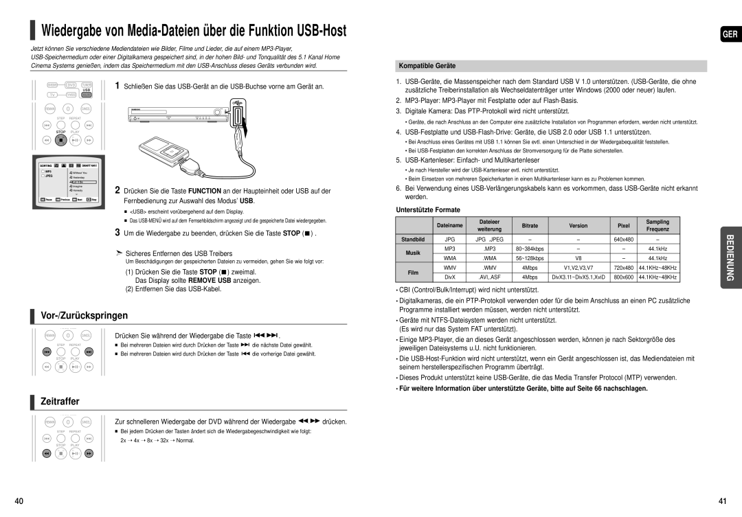 Samsung HT-THX25R/XEE manual Entfernen Sie das USB-Kabel, Drücken Sie während der Wiedergabe die Taste, Kompatible Geräte 