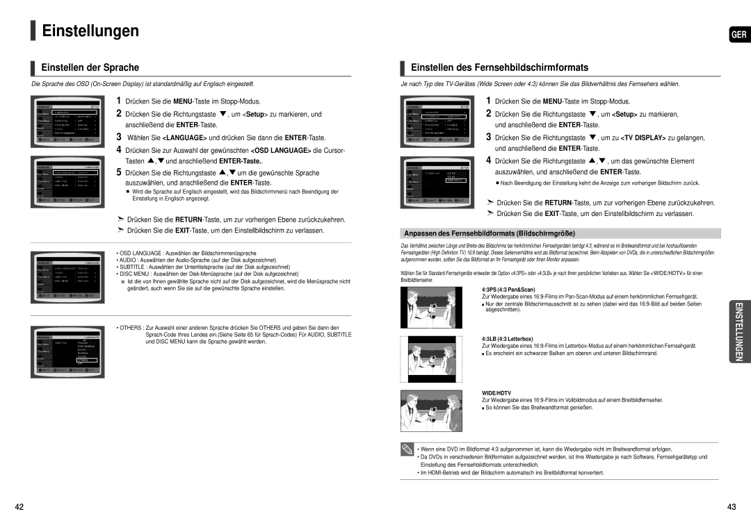 Samsung HT-TXQ120R/XEF, HT-TXQ120R/XEE manual Einstellungen, Einstellen der Sprache, Einstellen des Fernsehbildschirmformats 