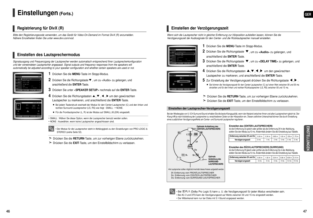 Samsung HT-TXQ120R/XEE manual Registrierung für DivX R Einstellen des Lautsprechermodus, Einstellen der Verzögerungszeit 