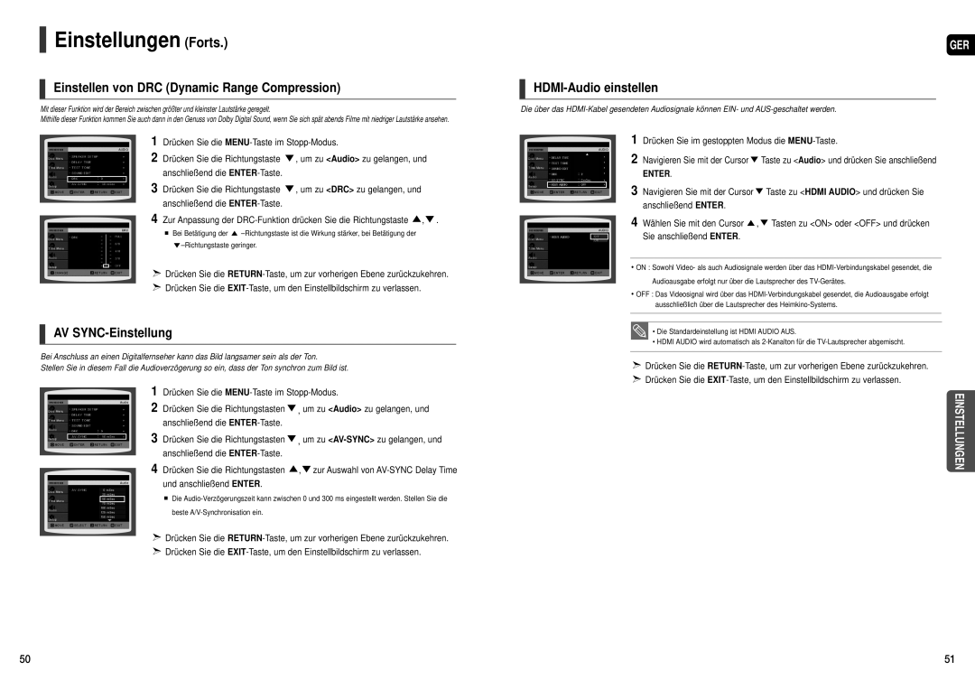 Samsung HT-THX22R/XEE manual Einstellen von DRC Dynamic Range Compression, AV SYNC-Einstellung, HDMI-Audio einstellen 