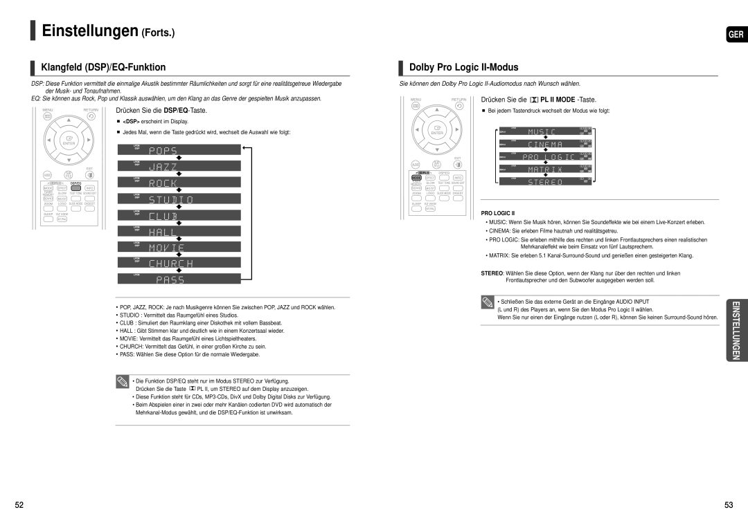 Samsung HT-THX25R/XEE, HT-TXQ120R/XEE Klangfeld DSP/EQ-Funktion, Dolby Pro Logic II-Modus, Drücken Sie die DSP/EQ-Taste 