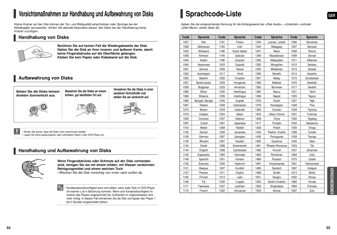 Samsung HT-THX25R/XEE, HT-TXQ120R/XEE, HT-THX22R/XEF manual Sprachcode-ListeGER, Handhabung von Disks, Aufbewahrung von Disks 