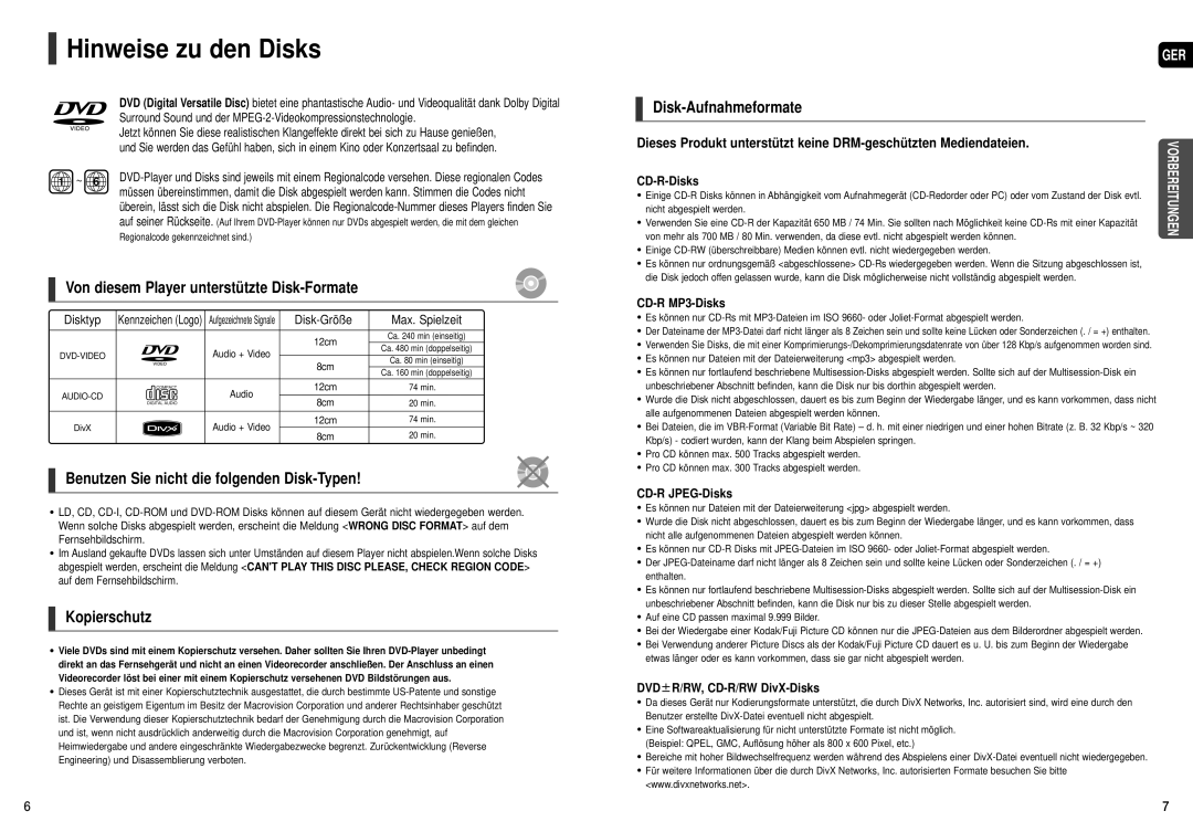 Samsung HT-TXQ120R/XEF, HT-TXQ120R/XEE Hinweise zu den Disks, Von diesem Player unterstützte Disk-Formate, Kopierschutz 