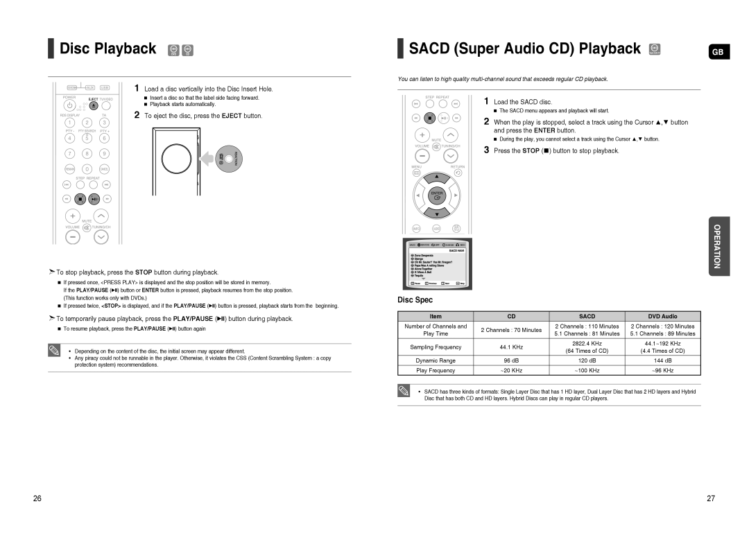 Samsung HT-TXQ120T/NWT, HT-TXQ120R/XEE, HT-TXQ120K/NWT manual Disc Playback, Sacd Super Audio CD Playback 