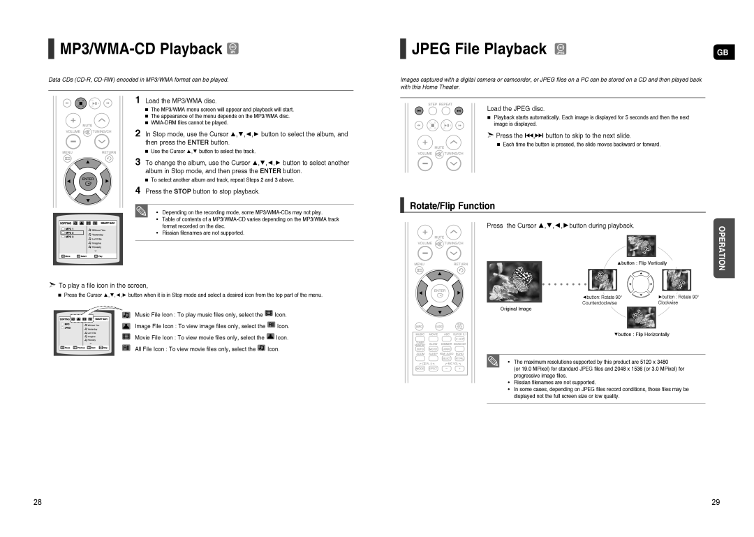 Samsung HT-TXQ120R/XEE, HT-TXQ120K/NWT, HT-TXQ120T/NWT manual MP3/WMA-CD Playback, Jpeg File Playback, Rotate/Flip Function 